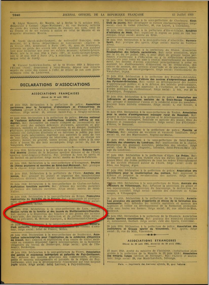 Maison rurale de la famille et des jeunes de mailleroncourt charette journal officiel creation 16 juin 1952